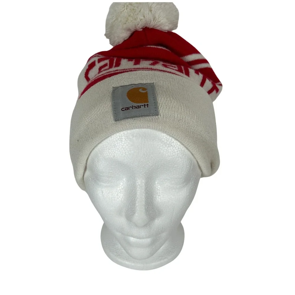 Carhartt Pom Pom Beanie Hat Red White Striped Knit Cuffed Logo One Size